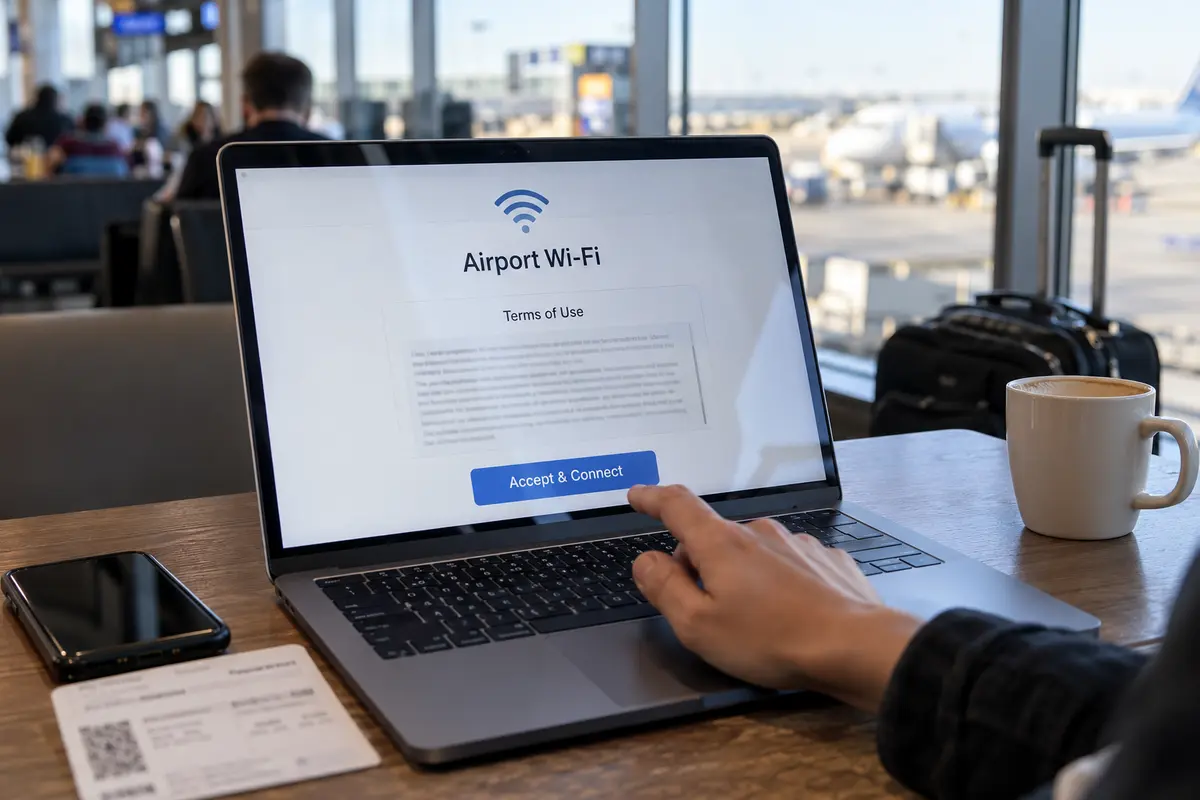 A traveler accepts an airport Wi-Fi captive portal before reconnecting securely.