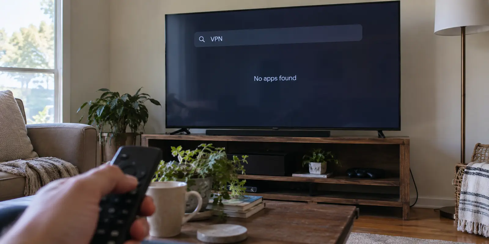 A smart TV app-store search for VPN returns no matching applications.