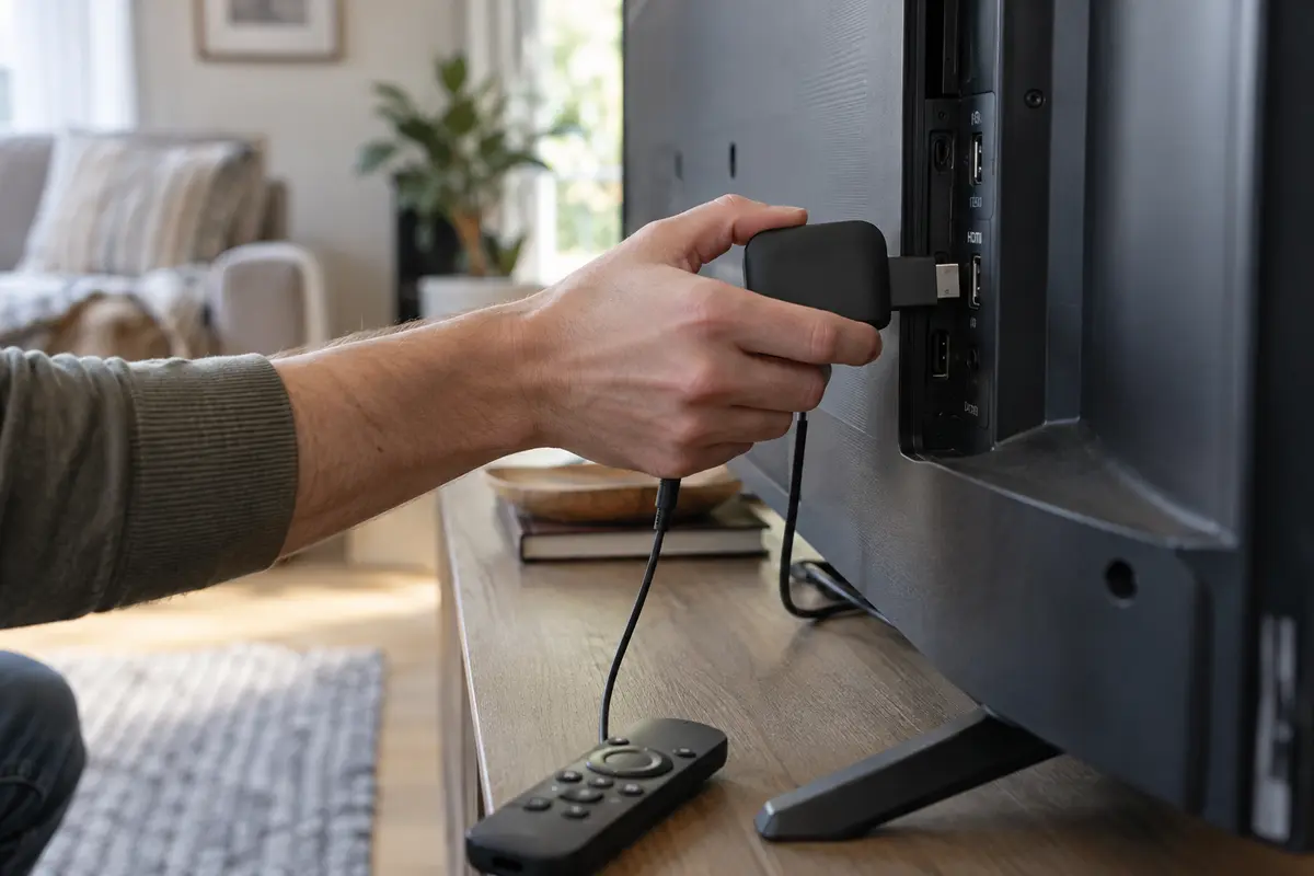 A compact streaming player is connected directly to a television’s HDMI port.