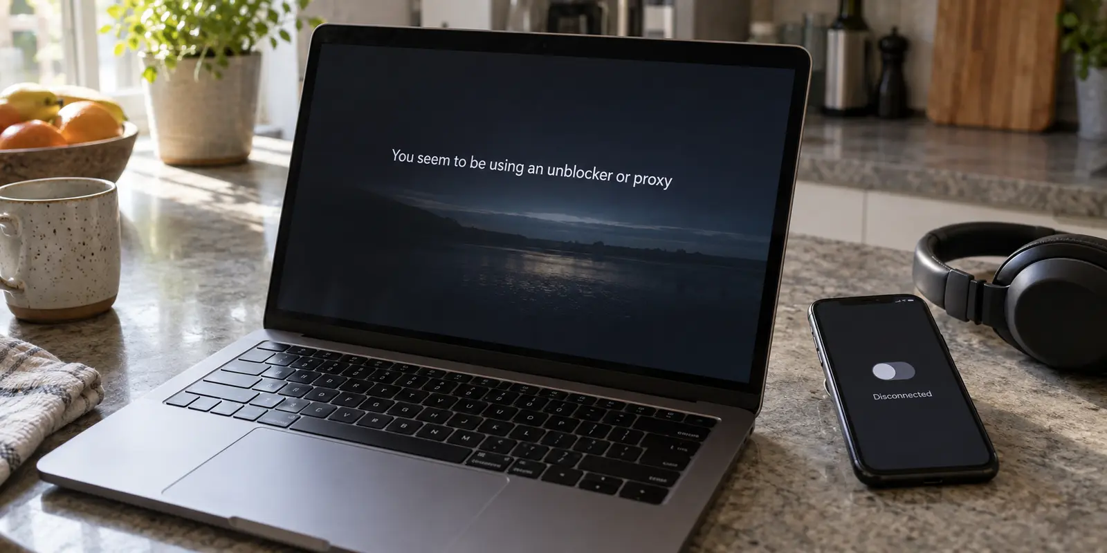 A laptop still showing an unblocker or proxy warning while the phone beside it shows the VPN disconnected