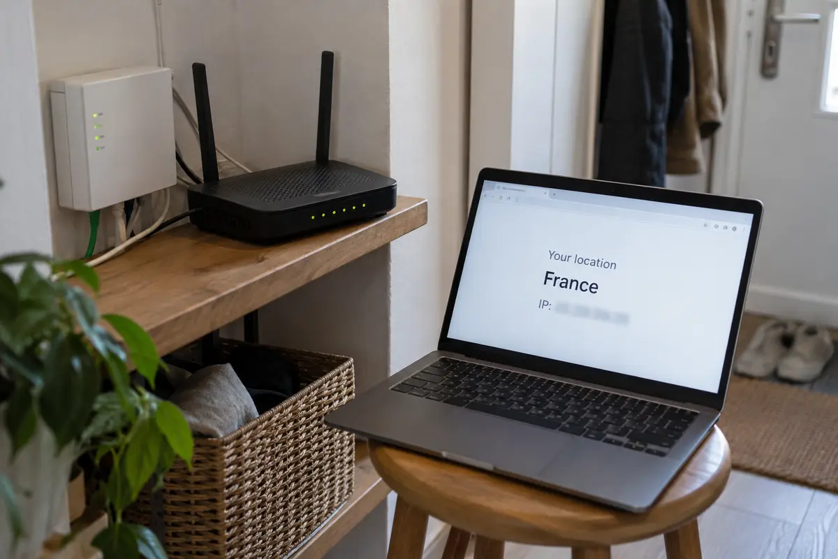 A laptop verifying a French public location beside the apartment's fiber modem and Wi-Fi router