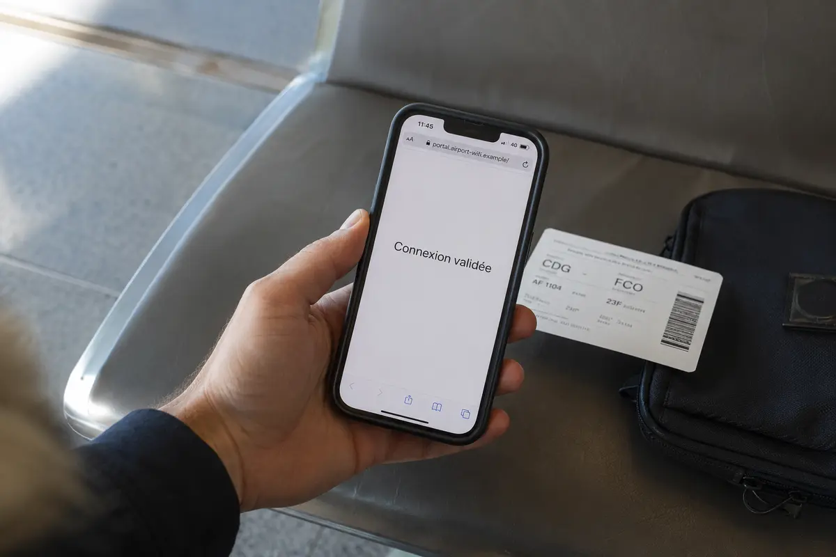 Téléphone confirmant la validation du portail Wi-Fi d’un aéroport