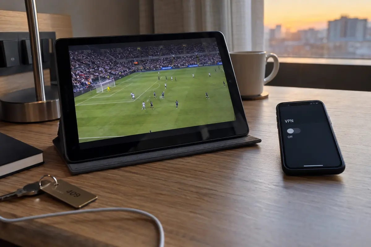 Football stream plays on a tablet while the VPN is switched off on a nearby phone