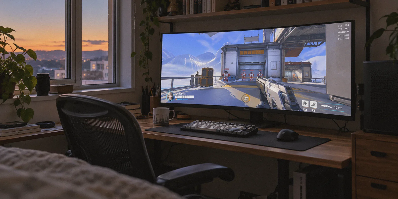 Desktop gaming monitor showing a training range and network statistics.