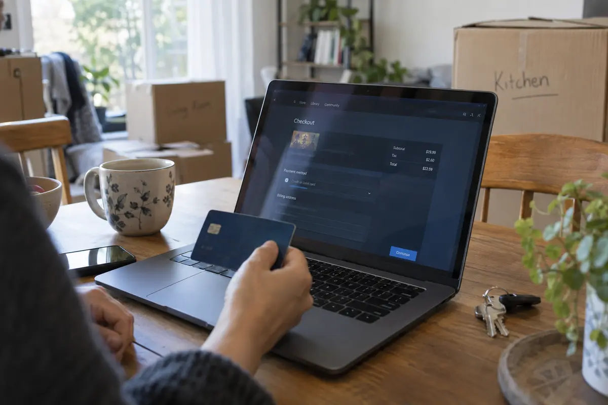 A recent mover uses a local bank card at a game-store checkout in a new apartment