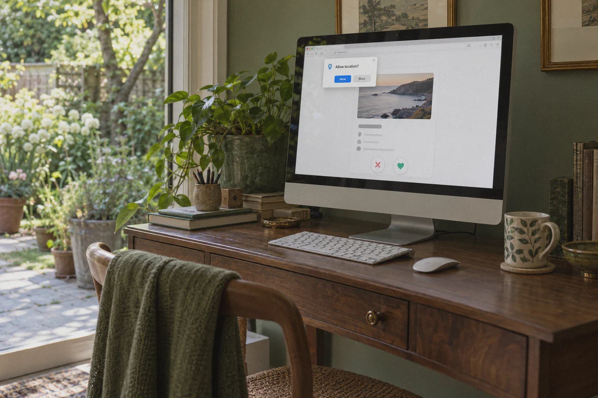 Desktop browser with a location permission request.