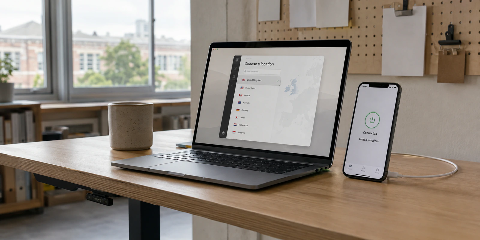 An iPhone and Mac in a daylight studio show a VPN connected to the United Kingdom and a location-selection panel.