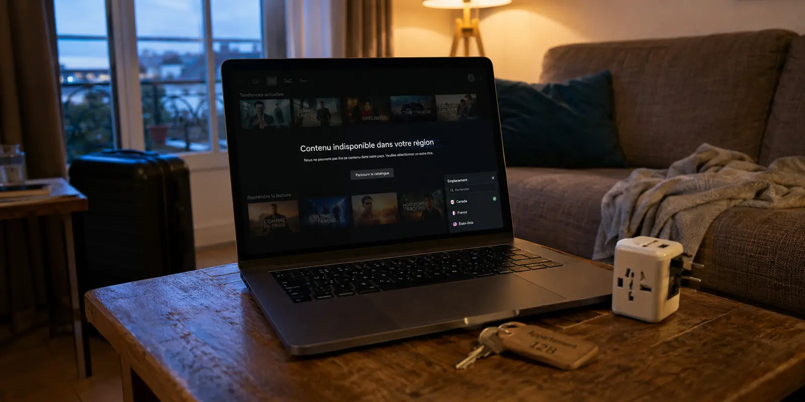 Dans un logement de voyage, une plateforme reste indisponible dans la région malgré le changement de localisation du VPN.