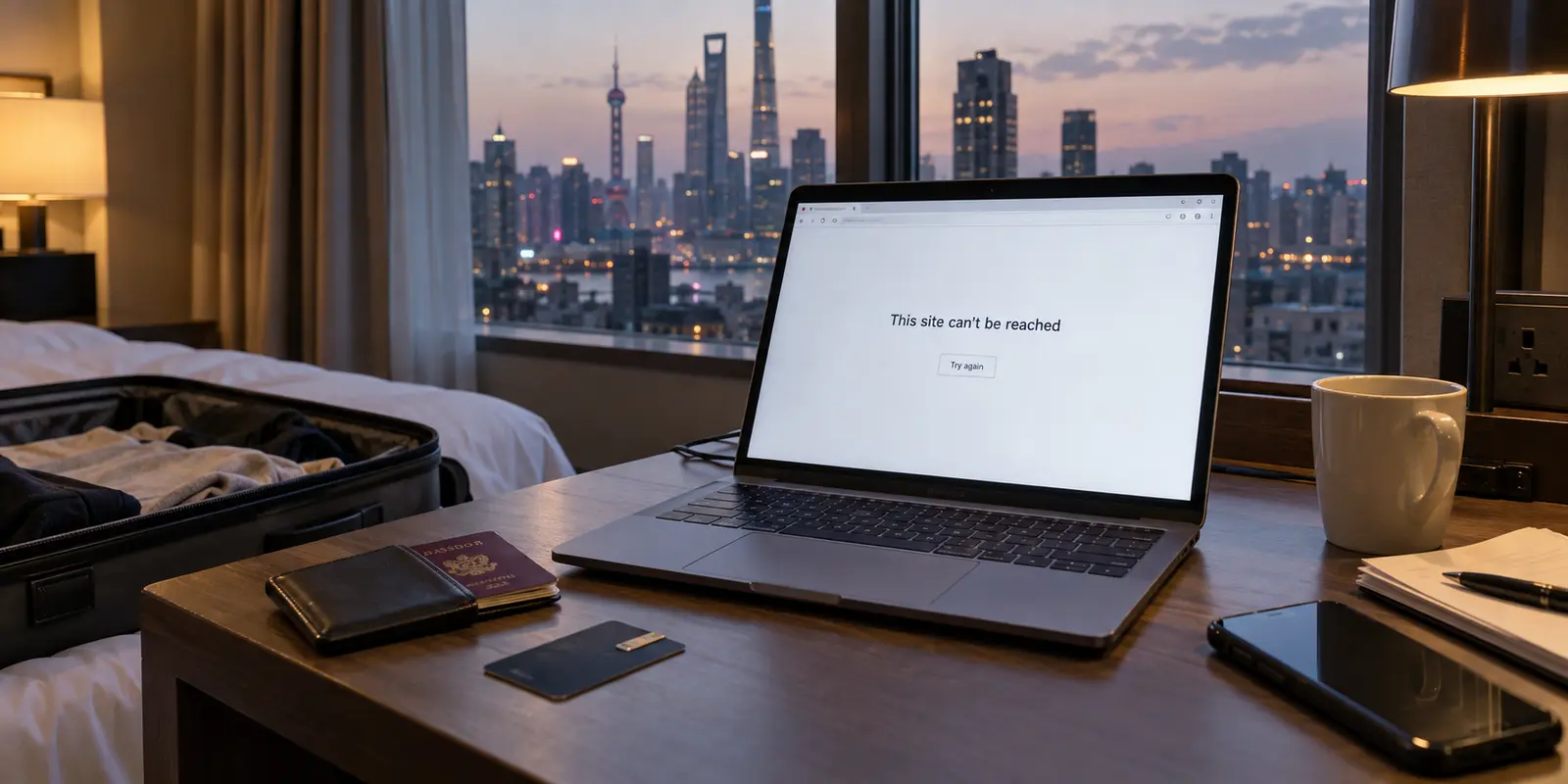 A traveler in a Shanghai hotel cannot reach an important website on a laptop.