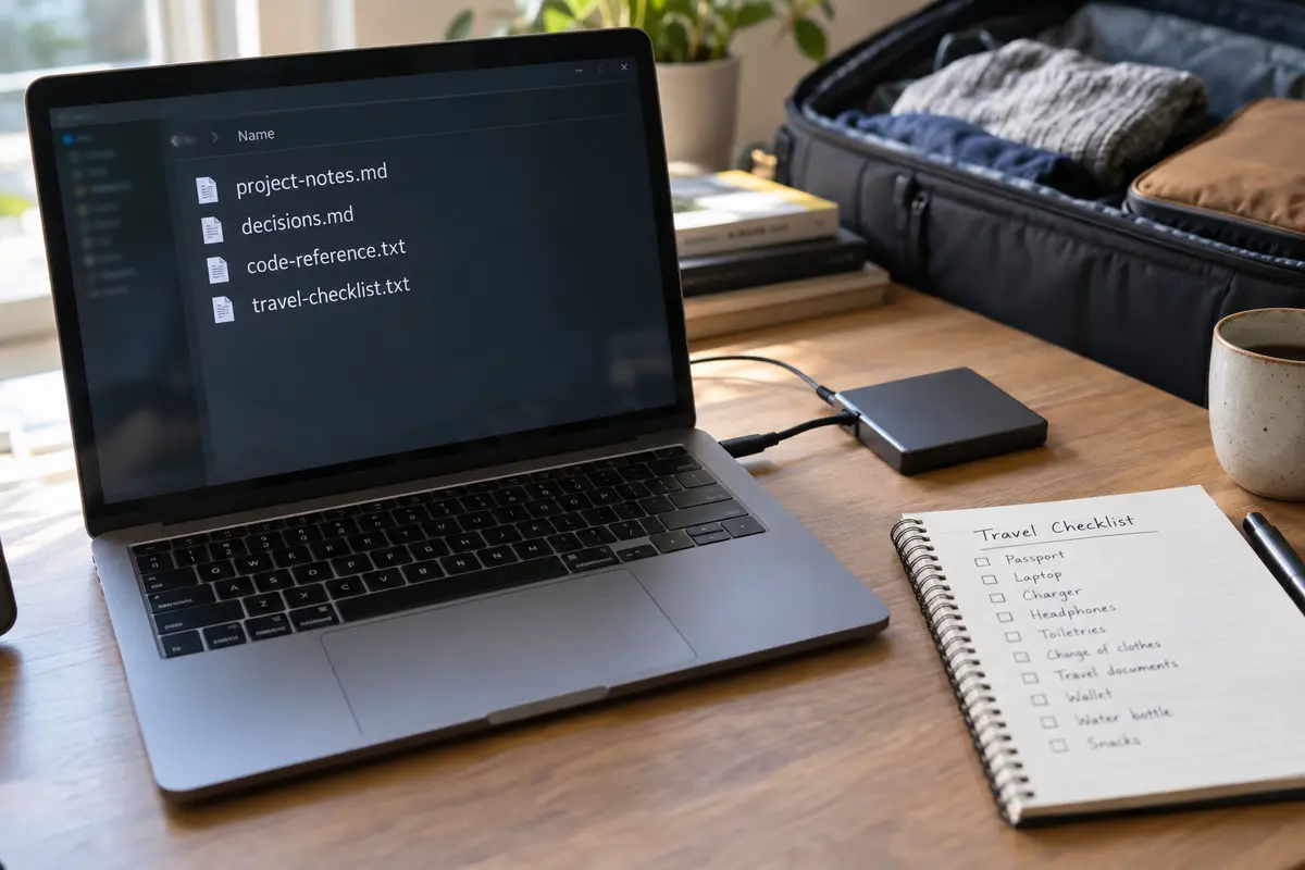 Essential project notes are organized as local files beside a connected external drive.