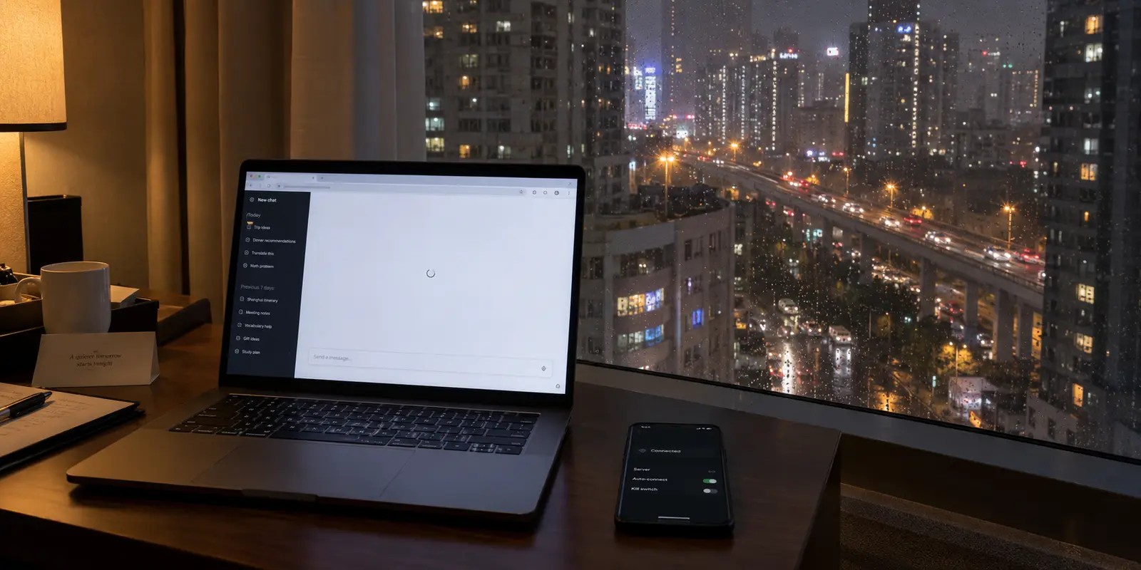 A stalled AI chat page on a laptop while the network appears connected in a Shanghai hotel room