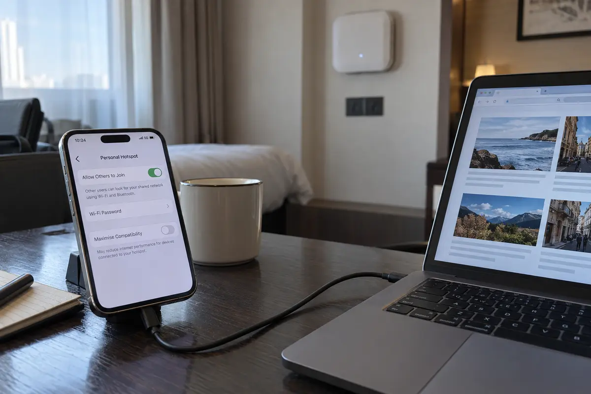 A laptop connected to a phone hotspot while the hotel Wi-Fi access point remains in the background