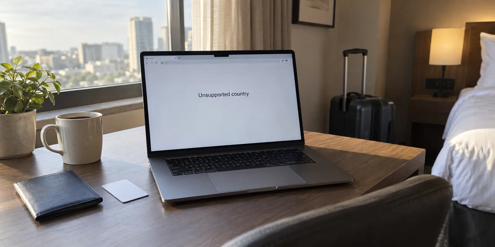 An unsupported country message on a laptop in an unoccupied hotel room