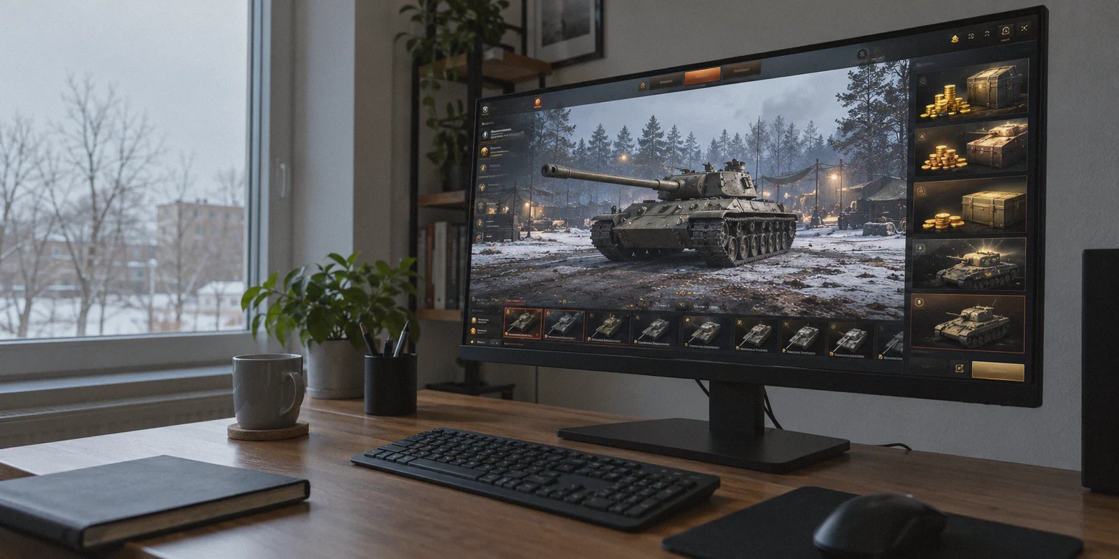 A tank game garage and currency shop on a desktop screen.