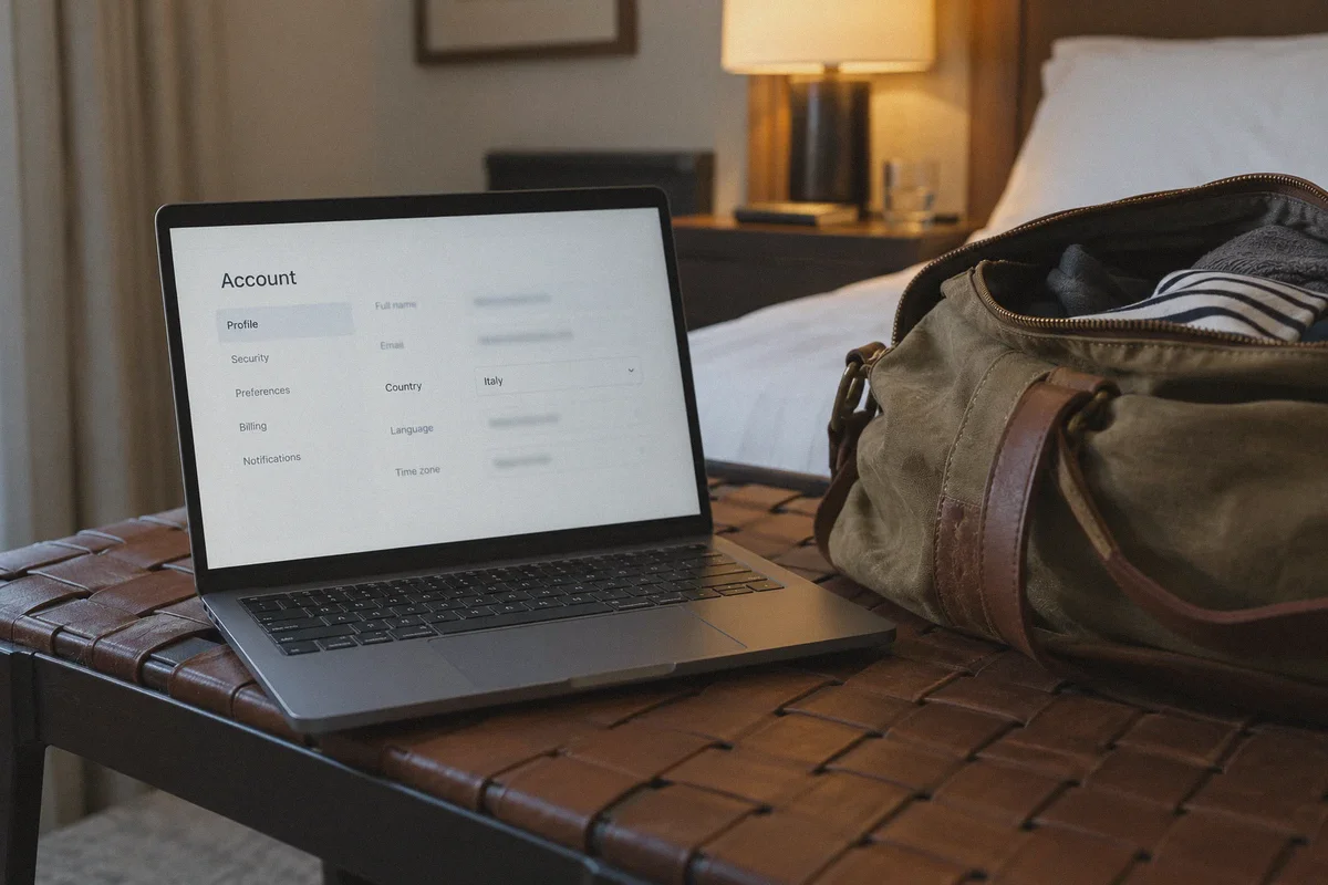 An account profile on a travel laptop beside a packed bag.
