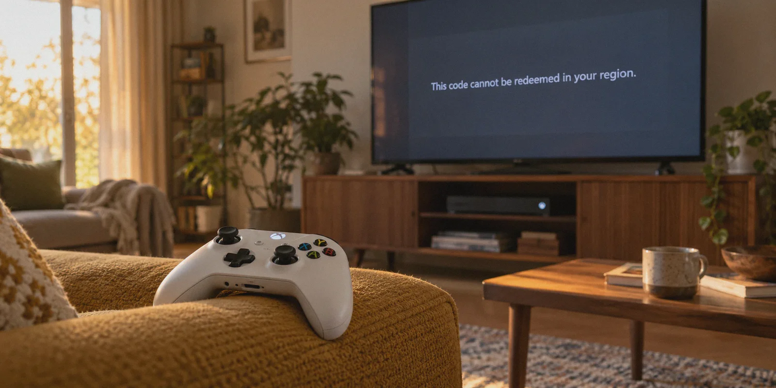 Gaming controller beside a television showing a regional redemption error.