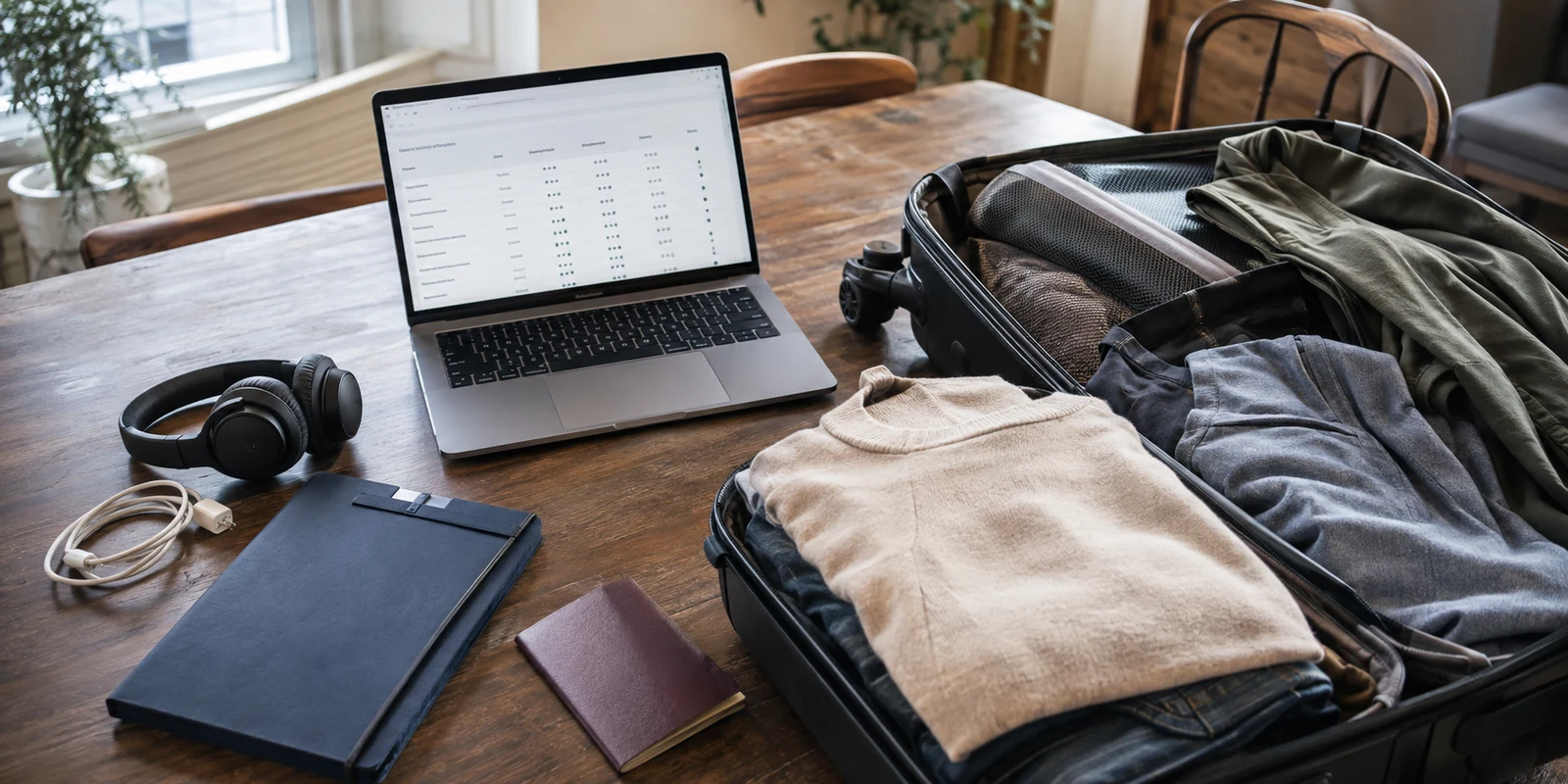 Laptop and partly packed carry-on on a table while comparing VPN options before a trip