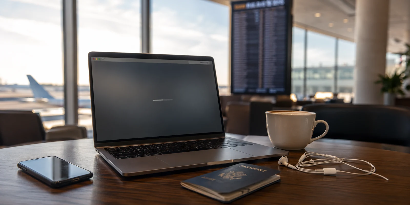 Laptop mit aktivem Browser, der in einer Flughafen-Lounge auf eine Verbindung wartet