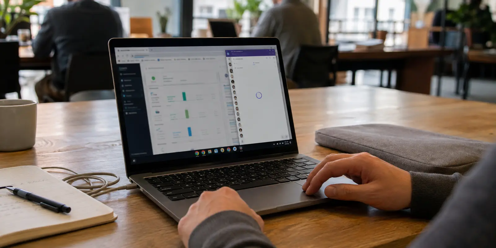 Chromebook im Coworking-Space, auf dem der Browser lädt, während eine Android-App bei der Verbindung hängen bleibt