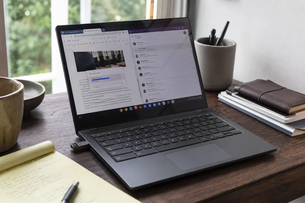 Chromebook mit gleichzeitig laufendem Browser, Team-App und Datei-Upload