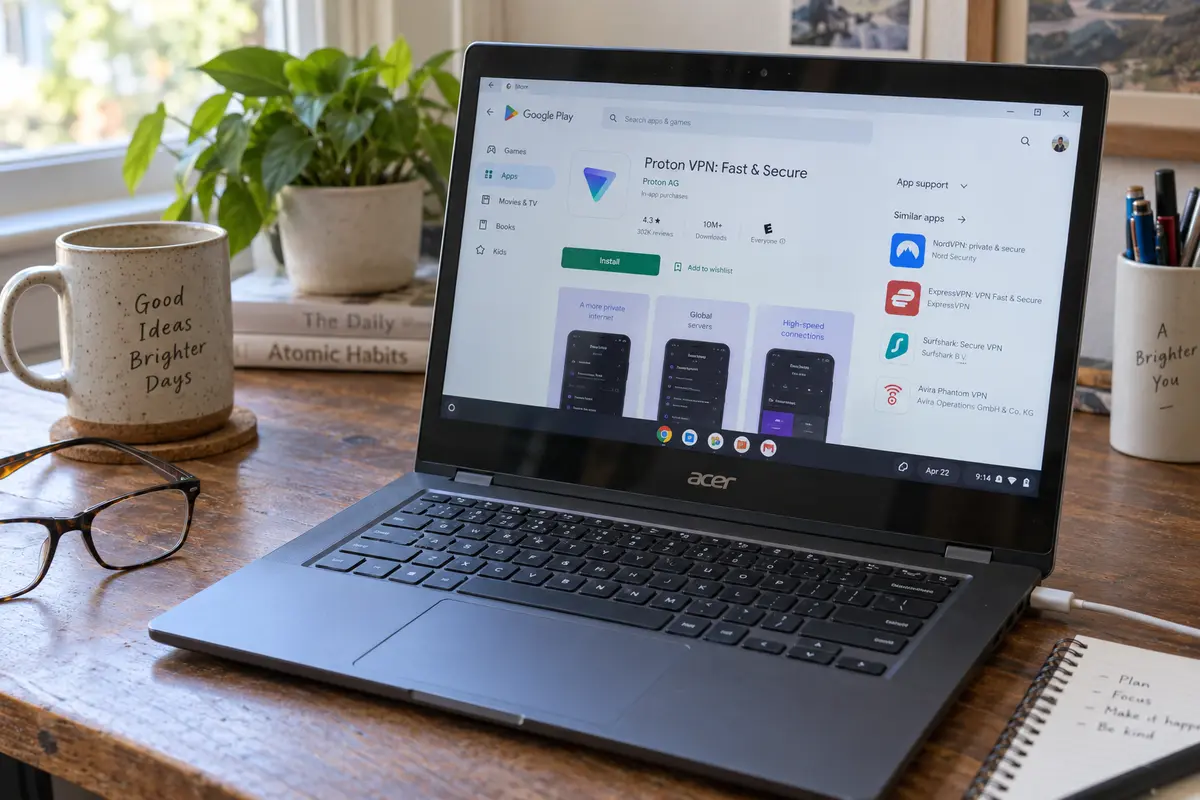 A personal Chromebook with Google Play open to install a full Android privacy app