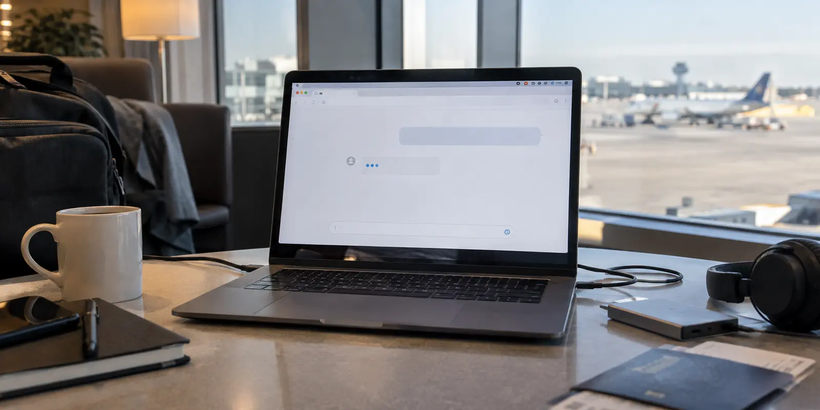 A laptop in an airport lounge with an AI chat page stalled while loading