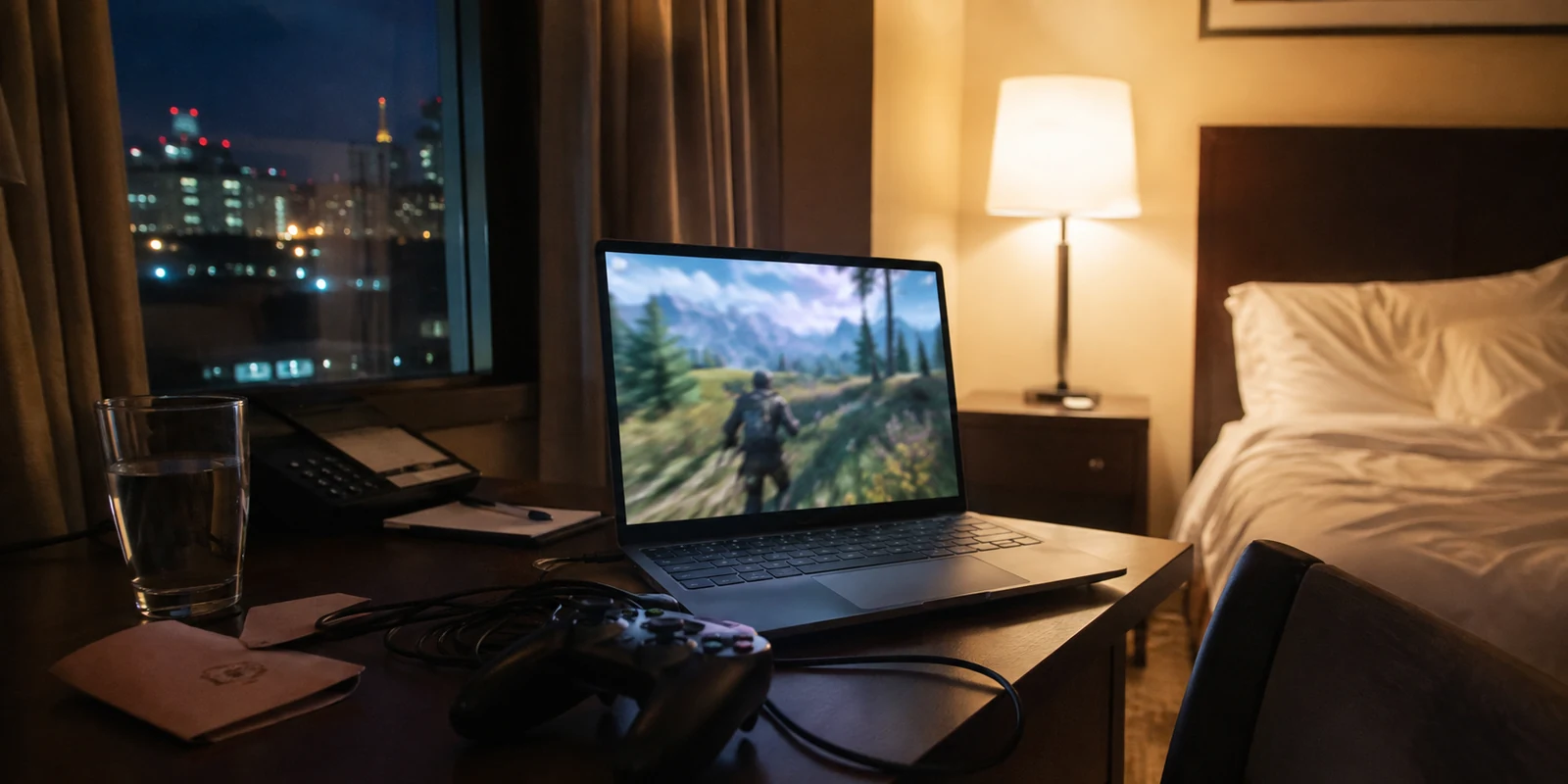 Ruckelndes Cloud-Gaming auf einem Laptop im Hotelzimmer mit Controller im Vordergrund