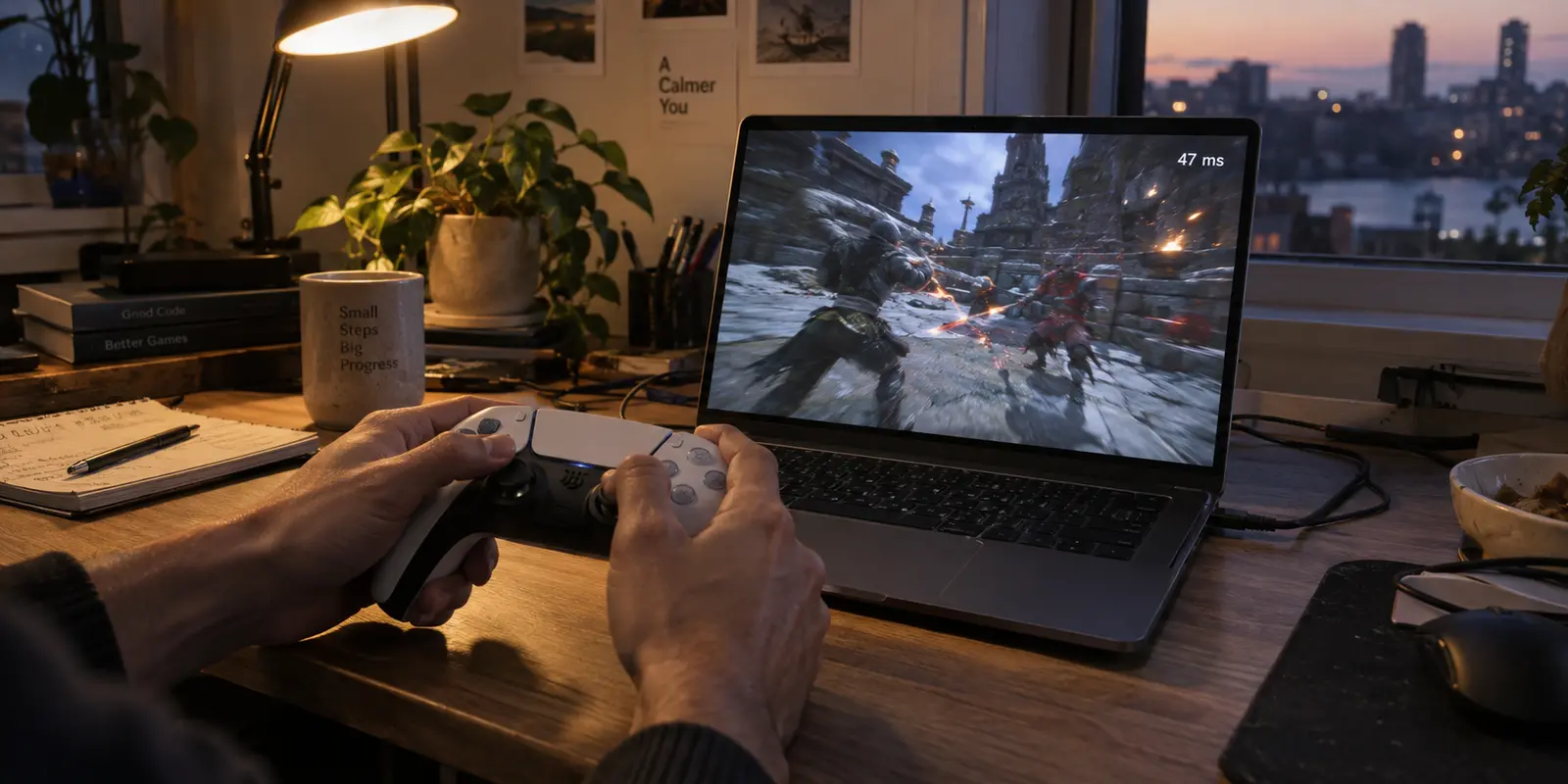A cloud game running on a laptop at 47 milliseconds while a player holds a controller