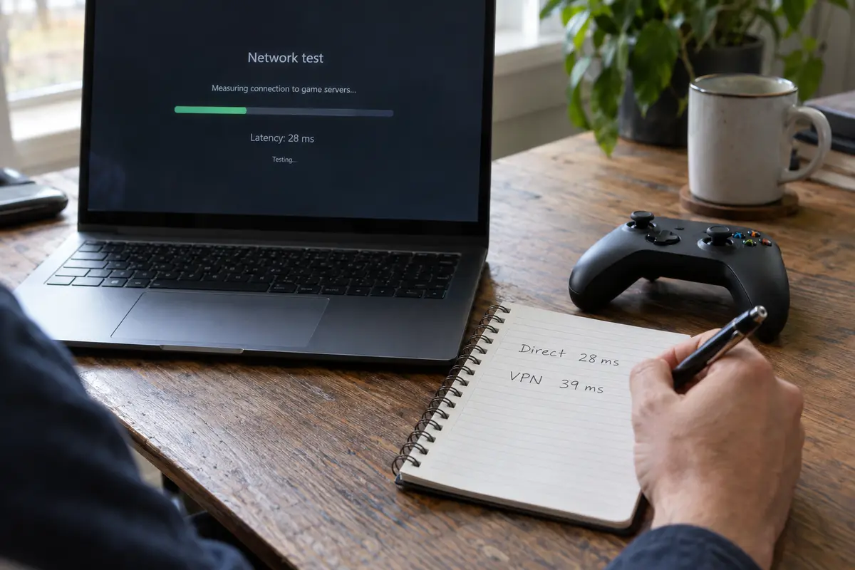 A laptop network test beside a notebook comparing direct and VPN latency measurements