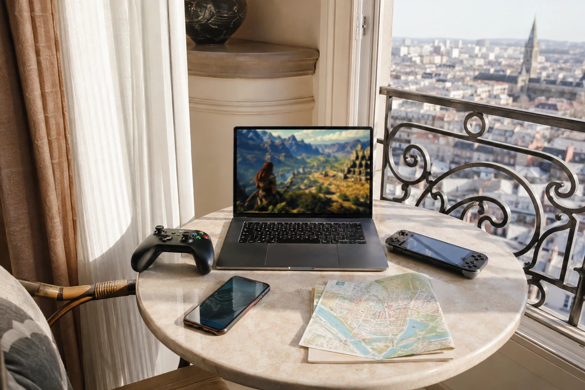 Ruhiges Cloud-Gaming auf einem Laptop in einer hellen Hotelzimmer-Nische mit Controller und Reisekarte