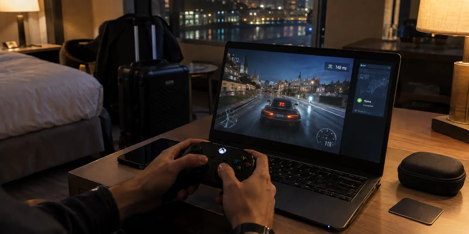 A traveler cloud gaming in a hotel with high latency on a VPN route back home