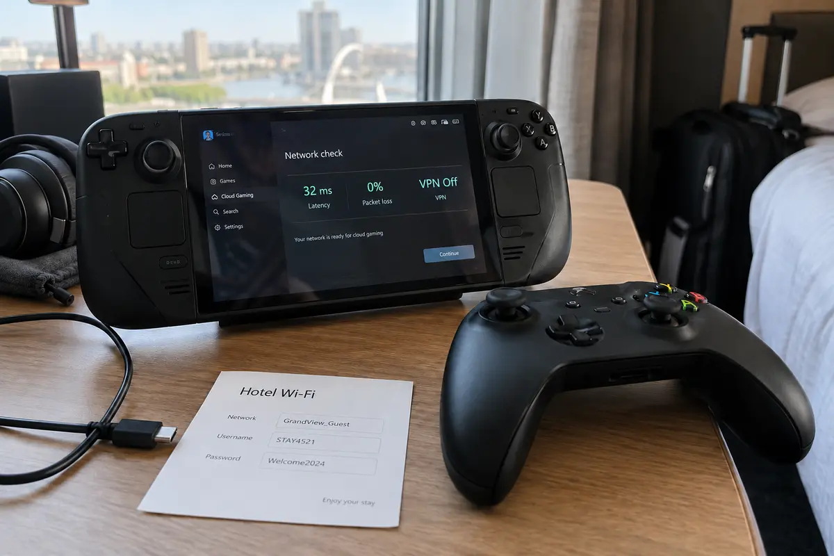 A handheld cloud-gaming network check showing low latency with the VPN off