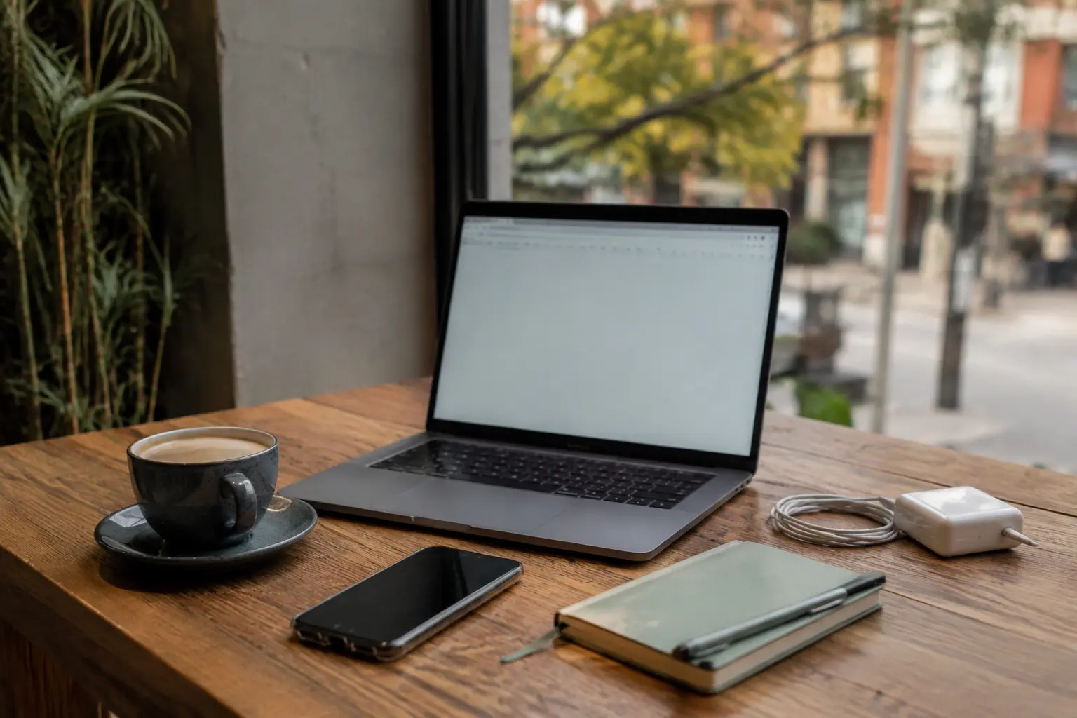 Un portátil, un teléfono y una mesa de café acompañan una jornada de trabajo móvil