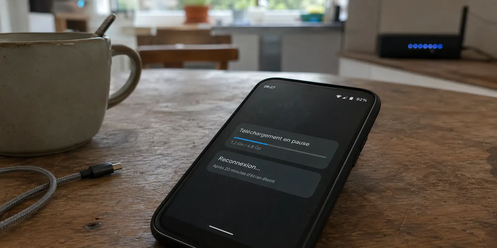 Un téléphone Android affiche un téléchargement en pause et une reconnexion VPN malgré le Wi-Fi actif