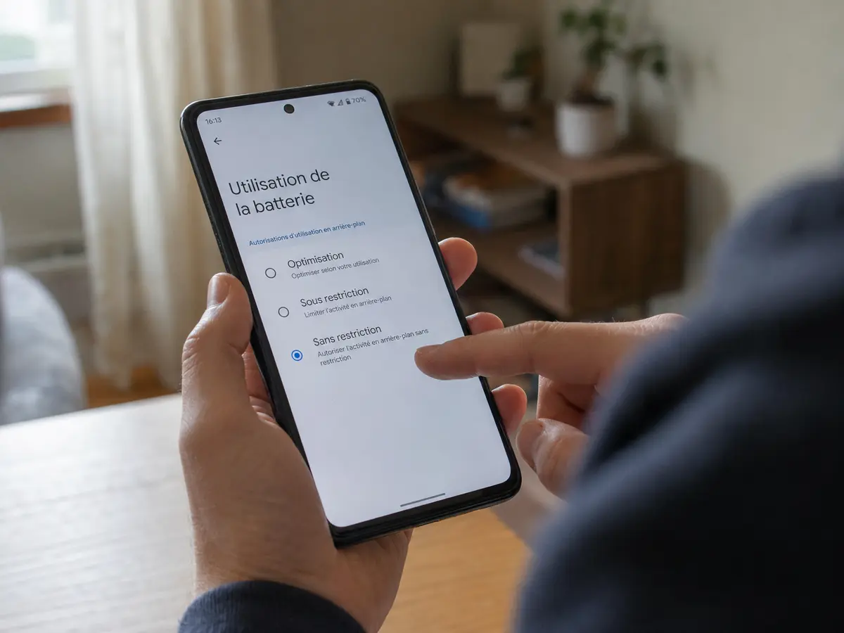 Le réglage Sans restriction est sélectionné dans l’utilisation de la batterie d’une application Android