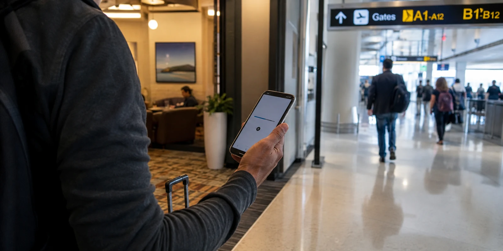 Voyageur quittant un salon d’aéroport avec un transfert figé sur son téléphone
