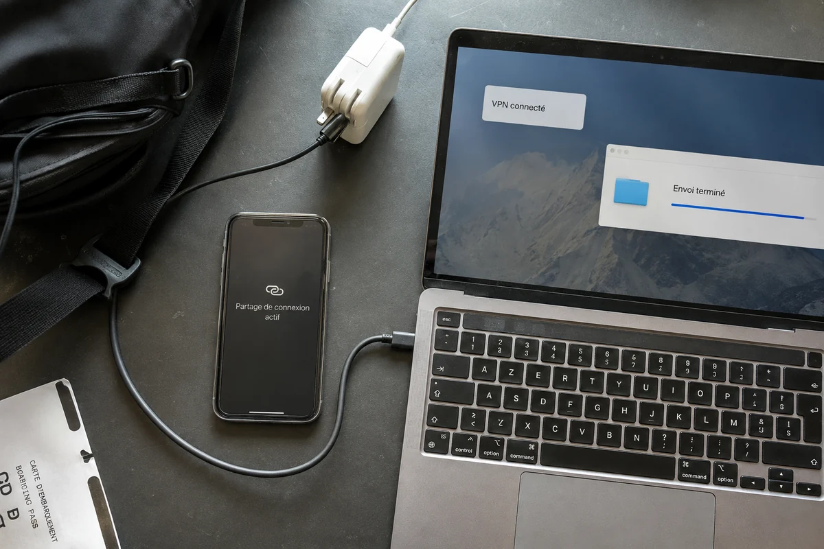 Ordinateur protégé par son propre VPN pendant que l’iPhone fournit le partage de connexion