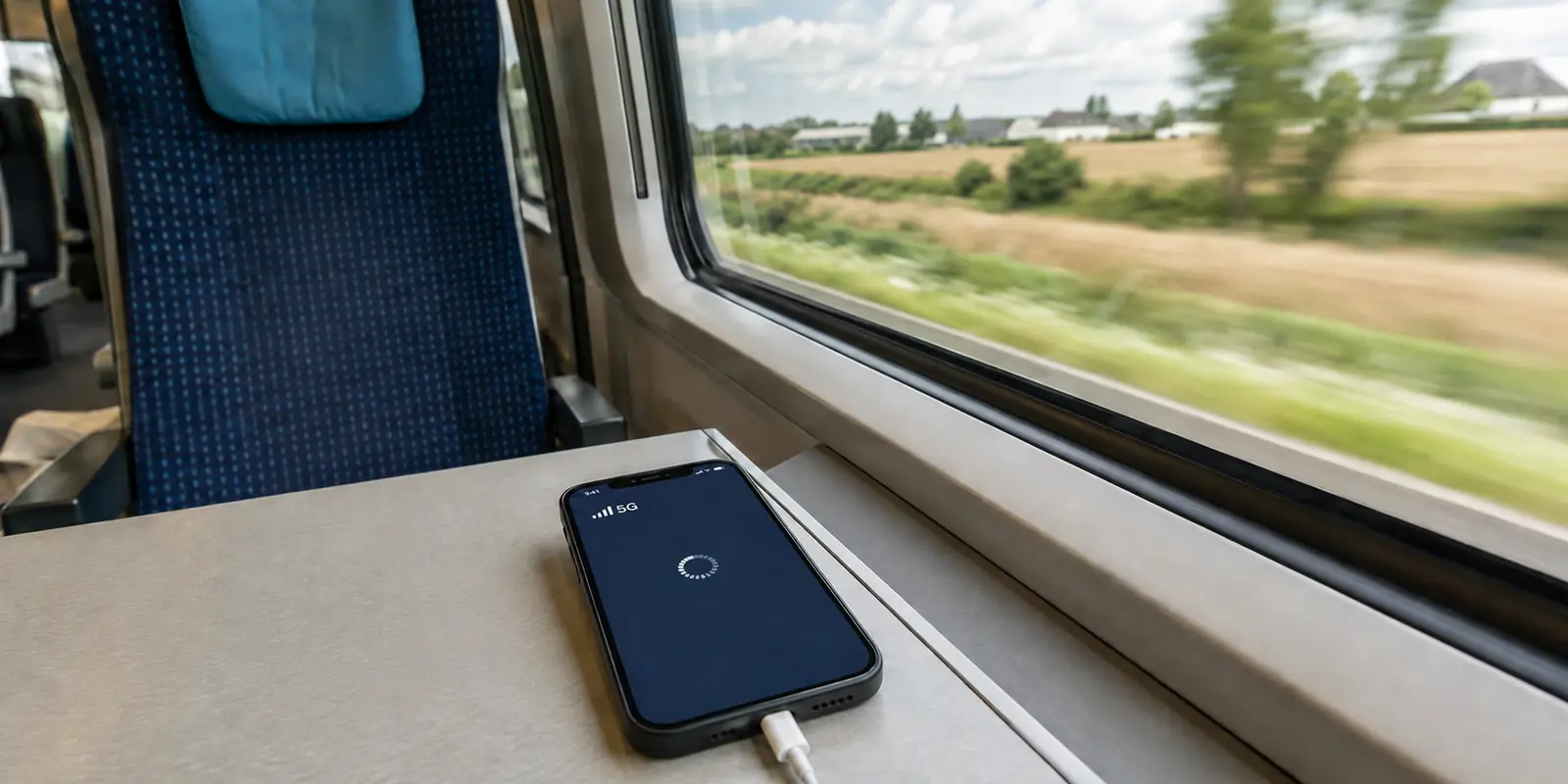 Un téléphone capte fortement la 5G dans un train en mouvement, mais la connexion VPN reste en attente