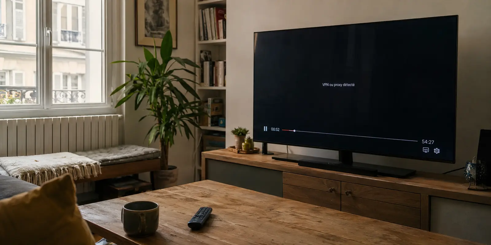 Téléviseur affichant le message VPN ou proxy détecté dans un salon