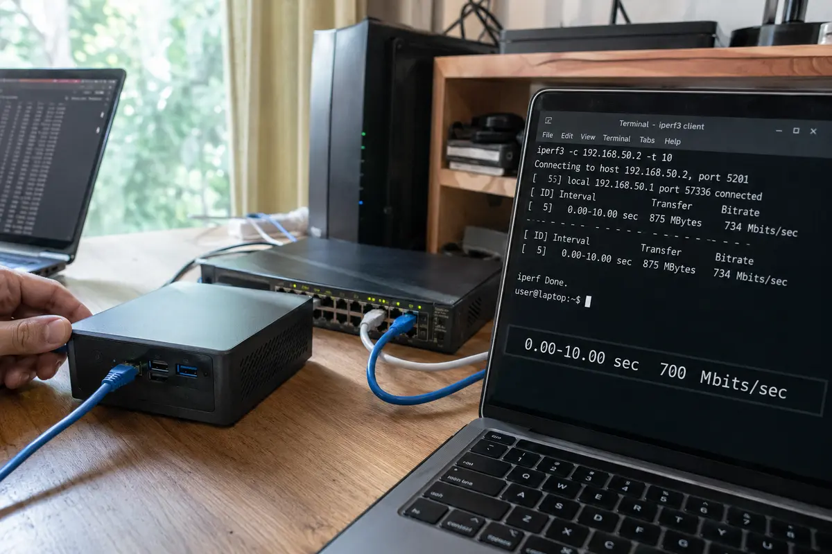 Un test iperf3 local dépasse 700 mégabits par seconde entre le mini-PC VPN et les machines du réseau domestique.