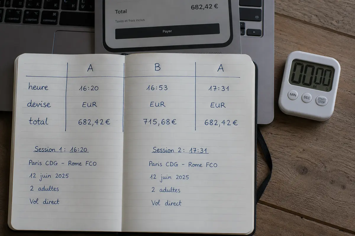 Un carnet consigne un test de prix A, B, puis A avec heure, devise et total