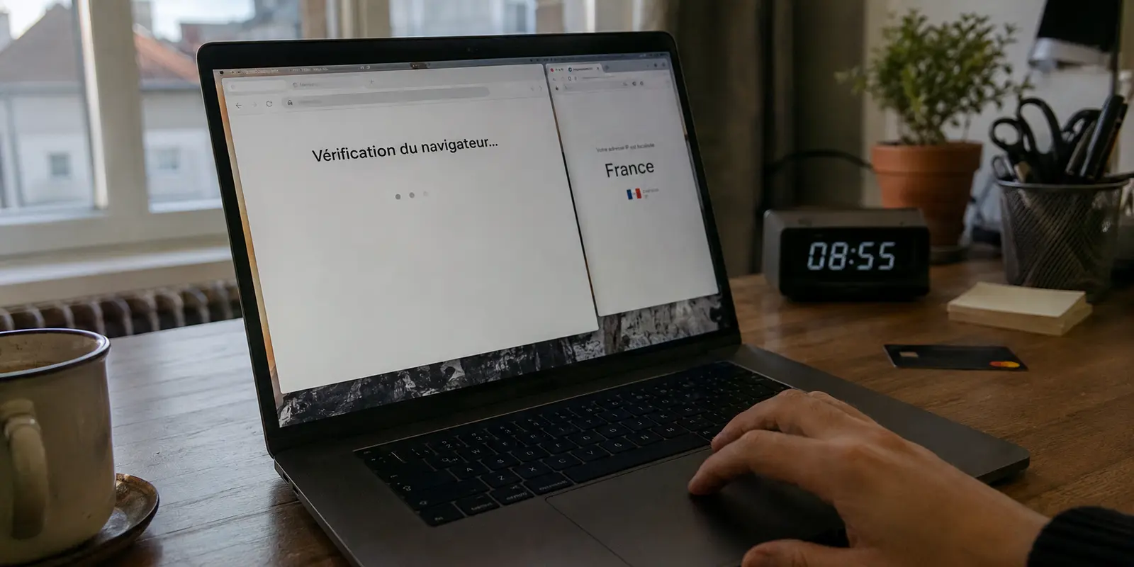 Le navigateur reste bloqué sur une vérification alors que le contrôle d’adresse IP indique déjà France