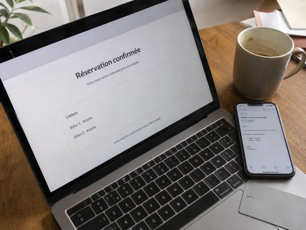 La réservation de deux billets est confirmée sur l’ordinateur et le courriel arrive sur le téléphone