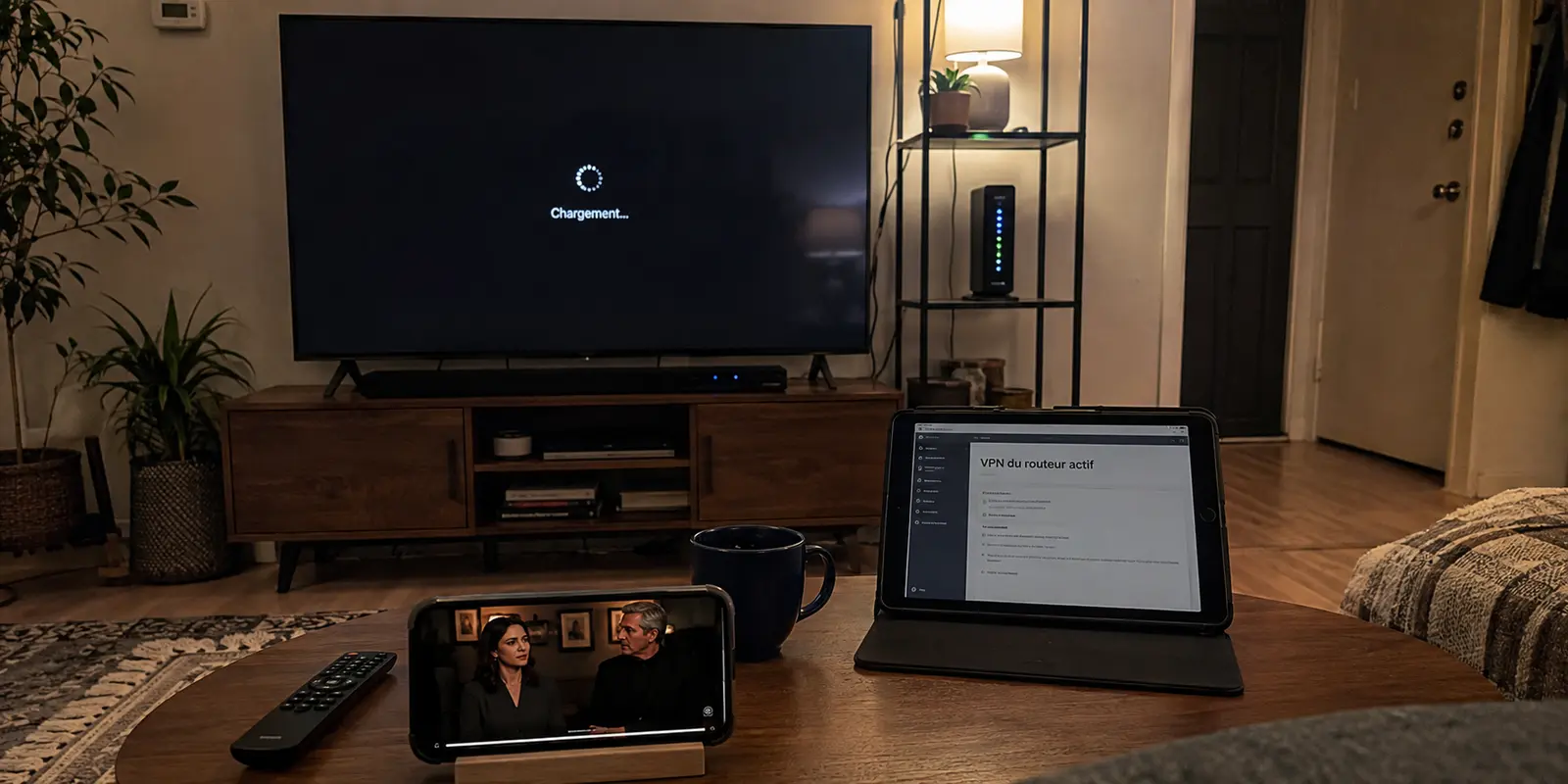 Fizz TV reste bloqué sur le téléviseur alors que le téléphone lit la vidéo et que le VPN est activé sur le routeur domestique.