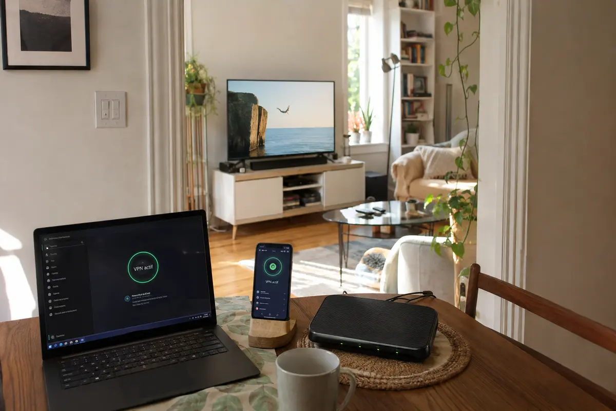 La télévision fonctionne sur sa connexion habituelle tandis que le portable et le téléphone utilisent chacun leur propre VPN.