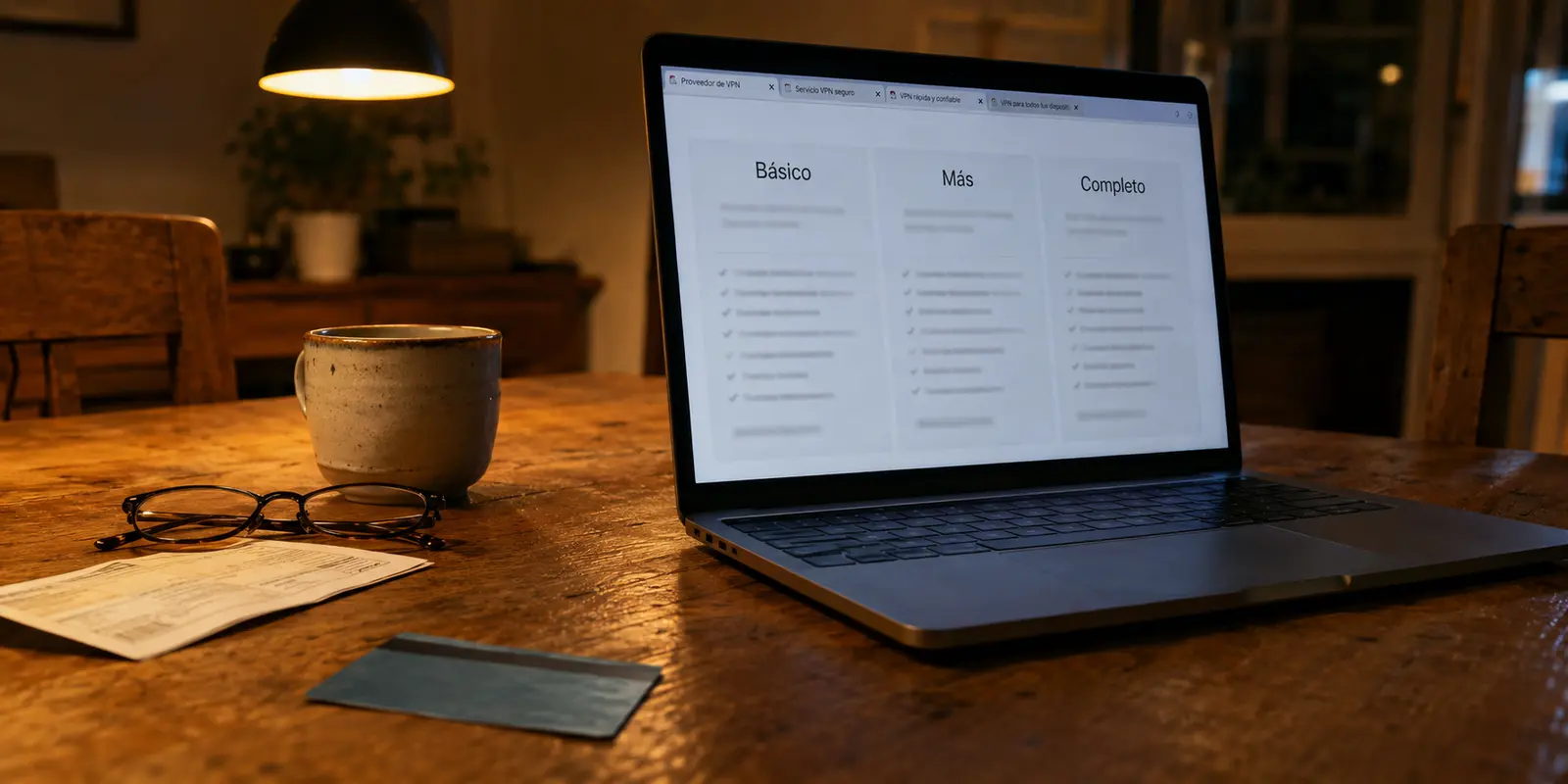 Una tarjeta espera frente a tres planes de VPN de pago abiertos en un portátil