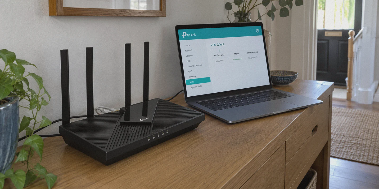 A home router beside its VPN client administration page.