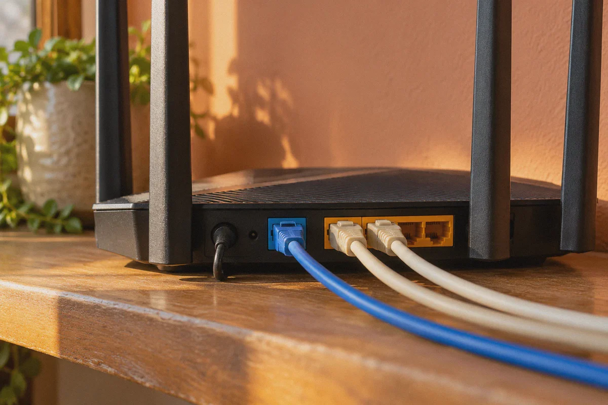 Network cables attached to a home router.