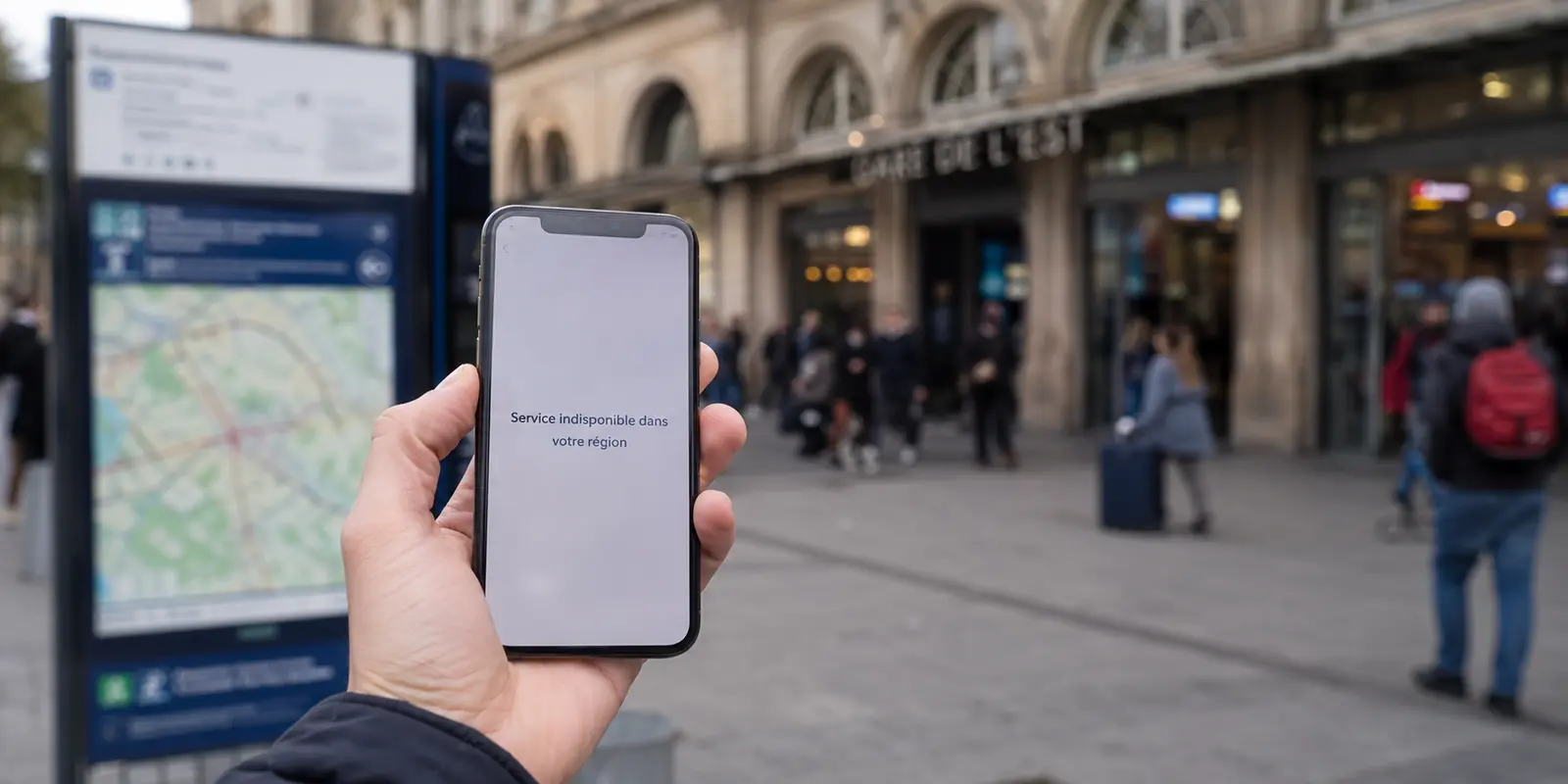 Une application de transport locale affiche un service indisponible devant une gare parisienne
