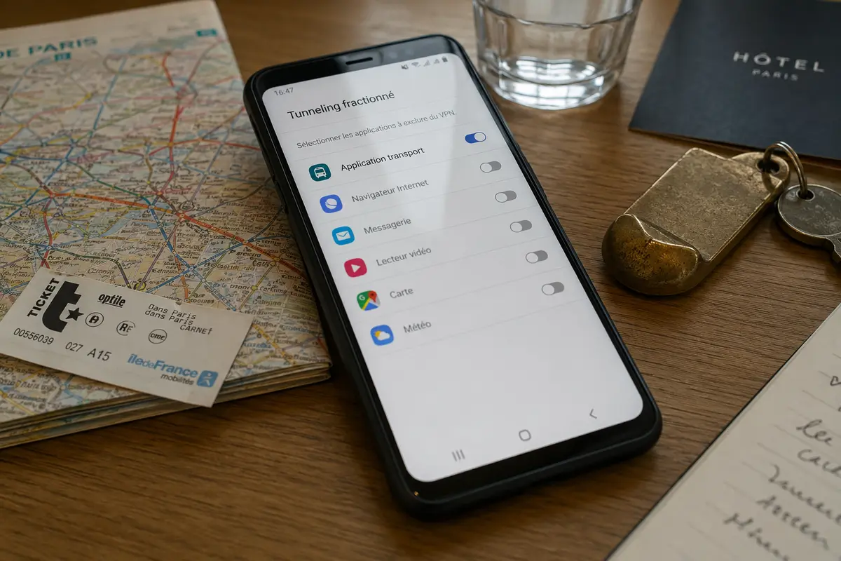 Réglage de tunneling fractionné pour une application de transport sur un téléphone posé parmi des objets de voyage